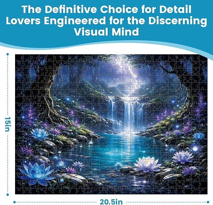 500 Piece Puzzles for Adults, Enchanted Waterfall Lotus 500 Piece Puzzle, Magical Forest Stream Jigsaw Puzzle, Perfect for Family Time, Stress Relief, Gift for Adults, Seniors, 20.5 x 15 in