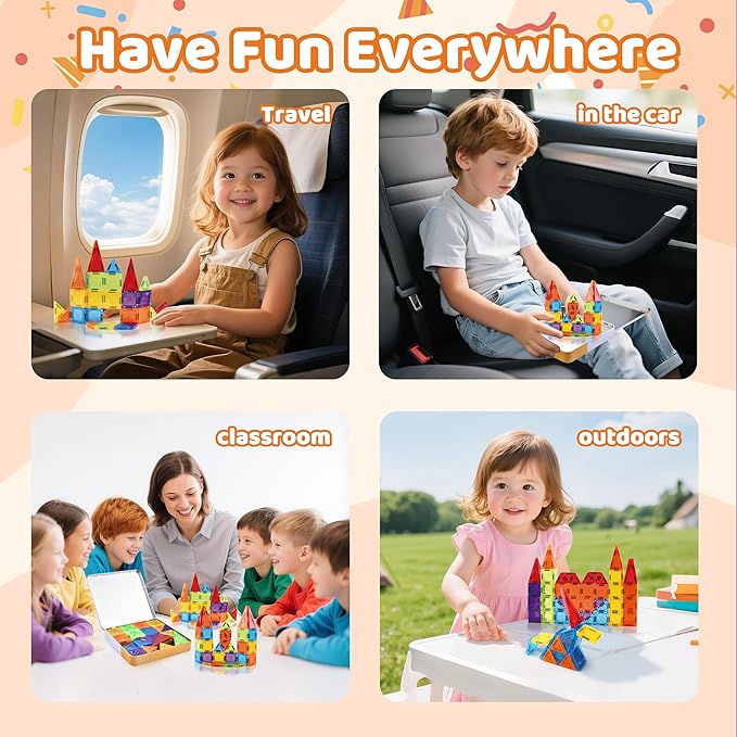 56PCS Mini Magnetic Tiles, Portable Magnetic Toy Travel Set for Kids, Includes Iron Storage Box, Puzzle Toy for Boys and Girls Ages 3+, Creative Building Toy Set, Holiday