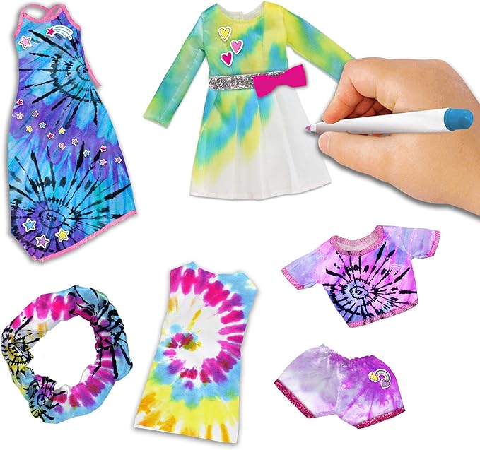 Tara Toys Barbie Tie-Dye Fashion Designer Kit – DIY Design Set for Girls with Dresses, Markers, Stickers & Tools – Create Real Barbie Outfits, Craft Activity for Kids Ages 6+