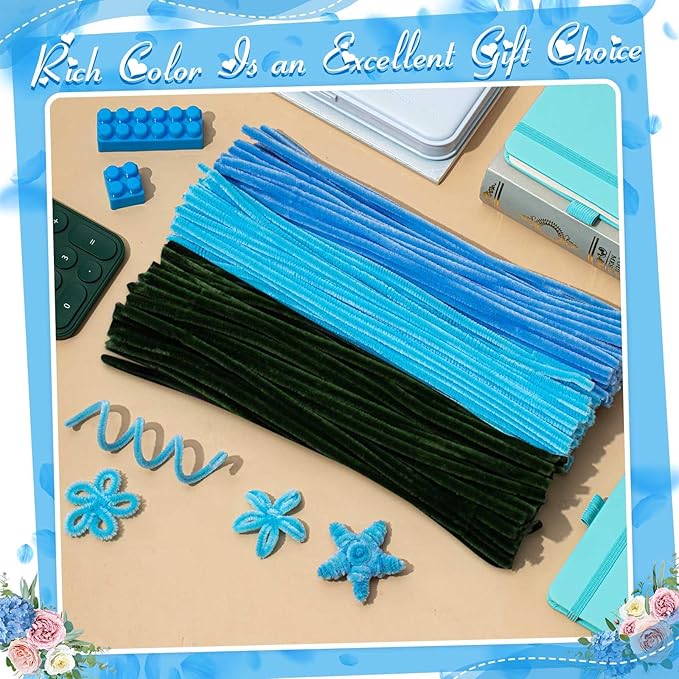 Peryiter 500 Pieces Pipe Cleaners Chenille Stems for Flowers Craft Supplies Bulk Fluffy Fuzzy Sticks for DIY Art Projects Creative Gift Wrapping Party Decorations(Blue Flower Color,12 Inch)