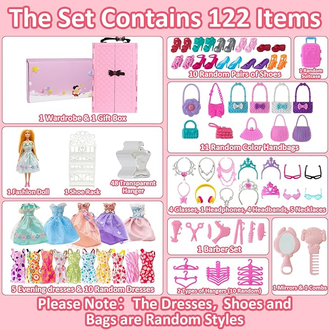 122 Pcs Doll Closet Playset with 11.5 Inch Dolls, Clothes and Accessories, Include Princess Dresses Shoes Bags Hangers Shoes Rack Doll Other Accessories, Dress Up Toys for Girls, Kids, Toddlers (Pink)