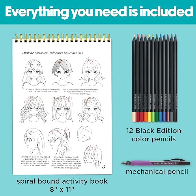 Faber-Castell Anime Drawing Kit: Shojo Edition | Step-by-Step Instruction Book with 20 Practice Pages, Color Pencil Set & Drawing Supplies for Kids, Easter Basket Stuffers (1 Book)
