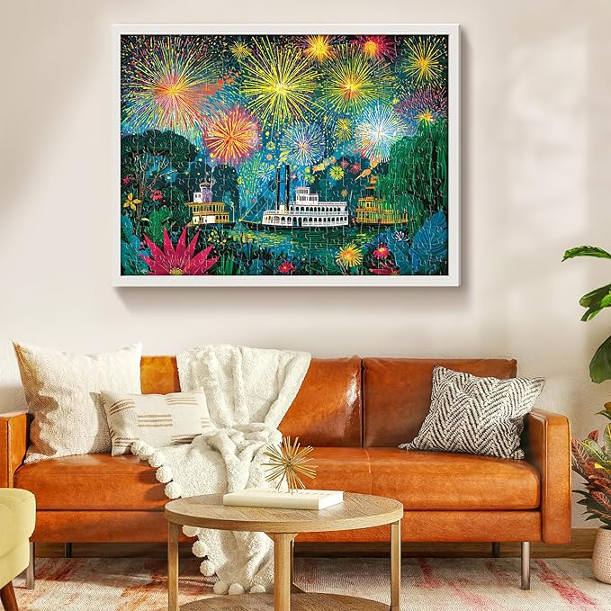 300 Piece Puzzle for Adults, Fireworks Celebration Jigsaw Puzzles, Blossoming Florals and Boats 300 Piece Adult Puzzle with Letters on Back Premium Cardboard Puzzle, Gift for Family, 20.5×15 in