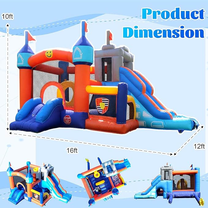 16FT Commercial Bounce House with Blower, 100% PVC Inflatable Jumper Bounce House with 2 Slides, Ball Pit, Tunnels, Climbing, 6 in 1 Bounce House Obstacle Course 16x12x10ft