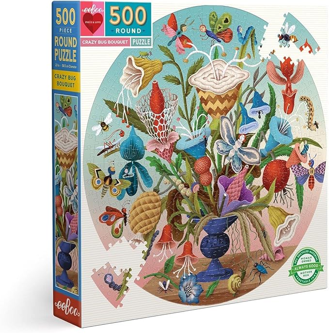 eeBoo 500 Piece Puzzle - Crazy Bug Bouquet Jigsaw Puzzle for Adults, Circular with 23" Diameter Made with Recycled Board & Vegetable-Based Ink