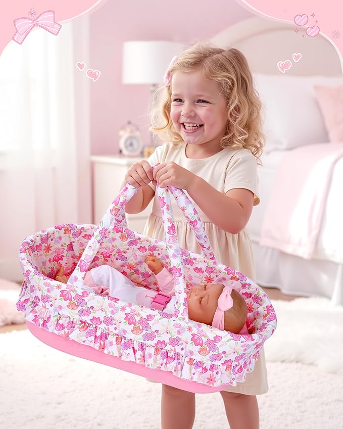 BABESIDE 2 Pcs Reborn Baby Doll Accessories, Pink Floral Baby Doll Bassinet with Pillow and Built-in Carrier, Portable Doll Bed with Handle for 17-22 Inch Lifelike Dolls (Dolls Not Included)