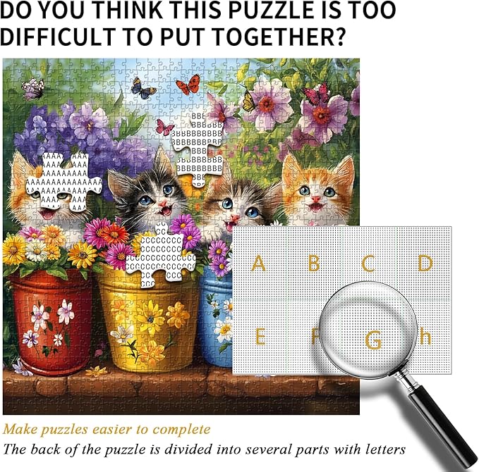 PICKFORU Cat Puzzles for Adults 1000 Pieces, Colorful Animals Jigsaw Puzzles Kitten Butterfly, Difficult Flower Plant Puzzle as Home Decor
