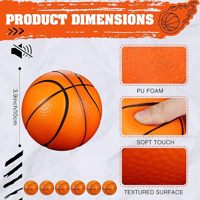 12 Pcs 4'' Mini Foam Basketballs for Kids Adults, Squeeze Stress Ball Safe Soft Replacement Beach Pool Basketball for Indoor Hoop Toddler Quiet Bouncy Sport Game (Orange)