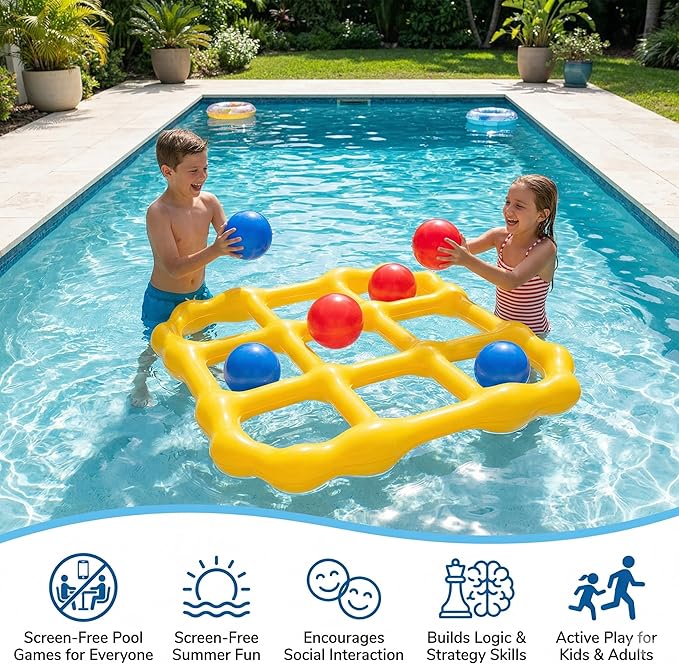 Tic Tac Toe Pool Game, Giant Inflatable Floating Board Set with 10 Balls, Pool Toys Party Game for Kids Adults Teens, Summer Water Party Backyard Beach Yard Field Day Outdoor Activities