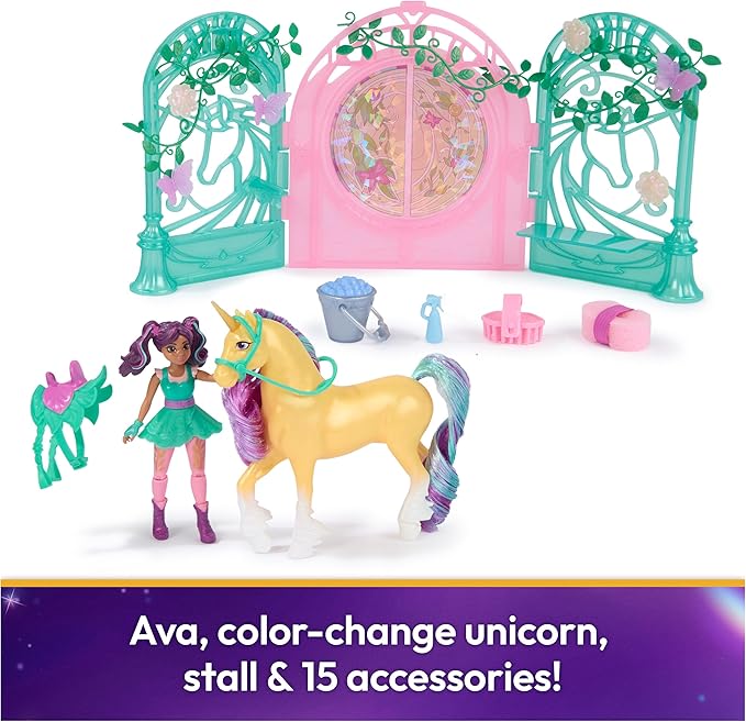 Unicorn Academy, Ava Doll & Color-Change Leaf Stall Playset with 15 Accessories, Dolls & Unicorn Toys for Girls Ages 4 and up
