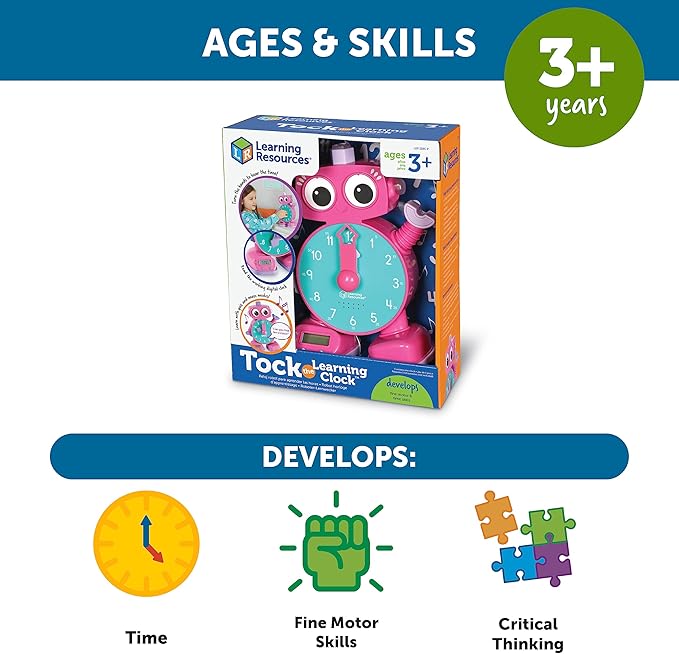 Learning Resources Tock The Learning Clock Pink - Digital Clock for Classroom, Telling Time, Kids Timer, Homeschool Essentials, Montessori, Toddler School Supplies, Gifts for Boys and Girls