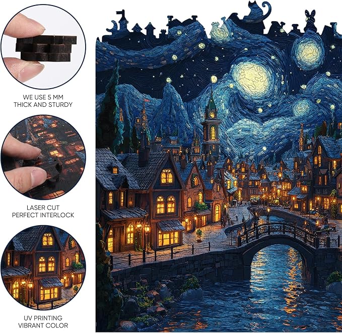 Jiroinlly Wooden Puzzles for Adults 300 Pieces, Starry Sky Town, 5MM Thick Adult Jigsaw Puzzles, Unique Shaped Puzzle for Family and Friends, Home Wall Decor, Exquisite Packaging Gift, 12.1x12.3 in