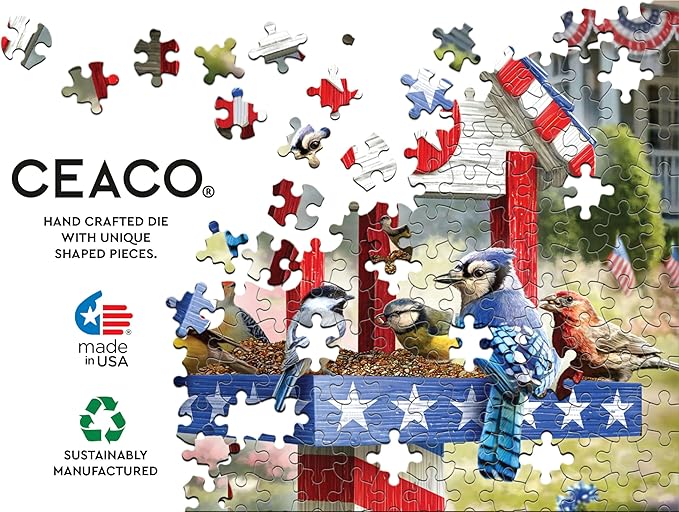 Ceaco - Large Piece Jigsaw Puzzle- Larry Jones - Patriotic Birdhouse - Relaxing and Fun Activity for Adults