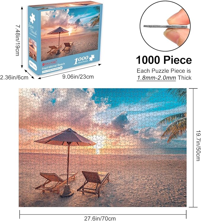 Rocorose 1000 Piece Jigsaw Puzzle, Inspirational Beach Puzzles for Adults and Families, Tropical Ocean Sunrise Sunset Scene Nature Puzzle, HD Quality Challenging Landscape Photo Puzzle Games