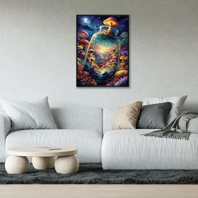 Magical Bottle World 1000 Piece Puzzle for Adults - Fantasy Mushroom Castle & Moonlit Night Art, Lettered Backing, 20"x28" HD, Premium Gift for Fantasy & Nature Lovers