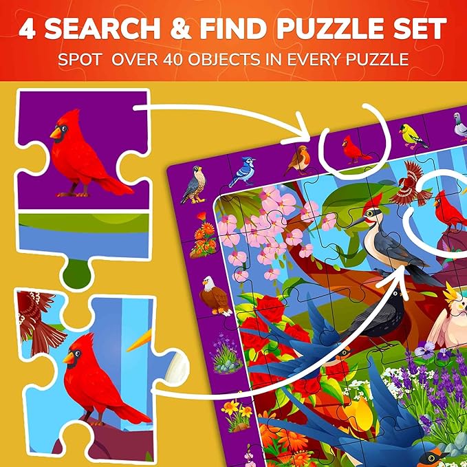 QUOKKA Puzzles for Kids Ages 6-8 - Toddler Puzzles Ages 4-6 - 4-Pack 60 Piece Search and Find Animals and Bugs Jigsaw Puzzle 5-8 - Learning Toys for 3 Year Old Boys and Girls - Educational Games Gift