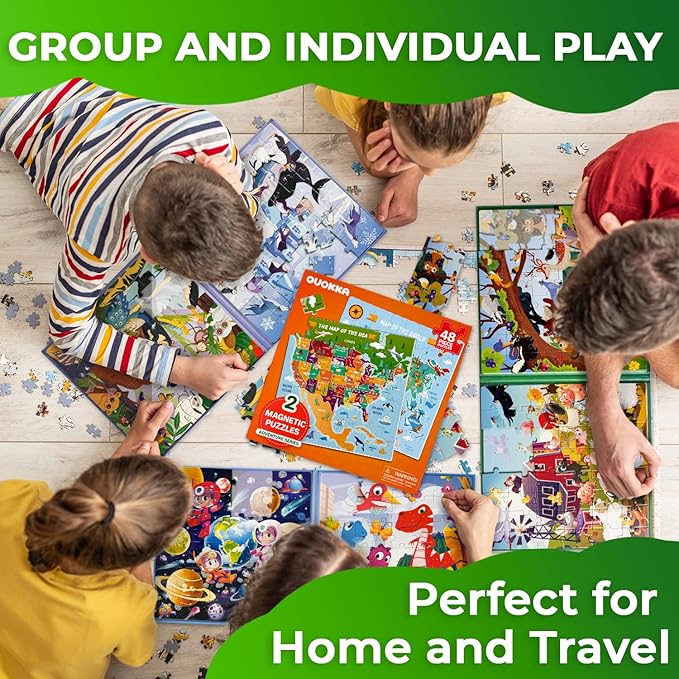 QUOKKA Magnetic Puzzles for Toddlers 3-5 – 2x48 Pieces Travel Games – USA & World Map Learning Magnetic Puzzles for Kids Ages 4-8 – Educational United States Puzzle Gift Toy for Boys and Girls