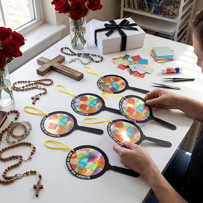 Renbuzhu 48PCS Sunday School VBS Crafts Bulk: Paper Magnifying Glass Nativity Suncatchers, Jesus Religious Christian Activity DIY Kits Church Decorations, Window Stained Glass Effect Art Supplies