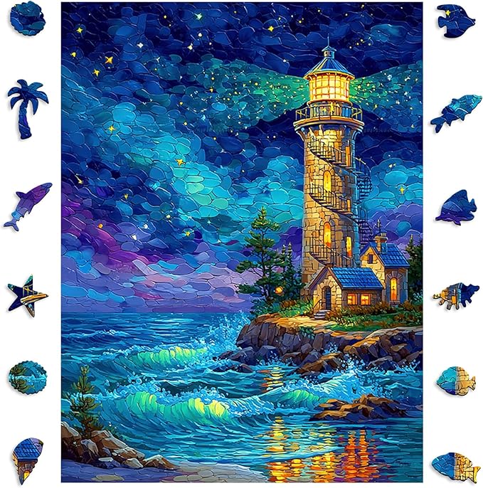 Jiroinlly Wooden Puzzles for Adults 200 Pieces, Night Lighthouse, 5MM Thick Adult Jigsaw Puzzles, Unique Shaped Puzzle for Family and Friends, Home Wall Decor, Exquisite Packaging Gift, 8.9x11.8 in