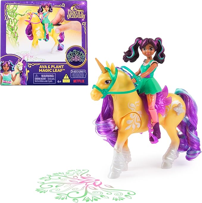 Unicorn Academy, Ava & Plant Magic Leaf with Light-up Effect, 2 Riding Accessories, Dolls & Unicorn Toys for Girls Ages 4 and up
