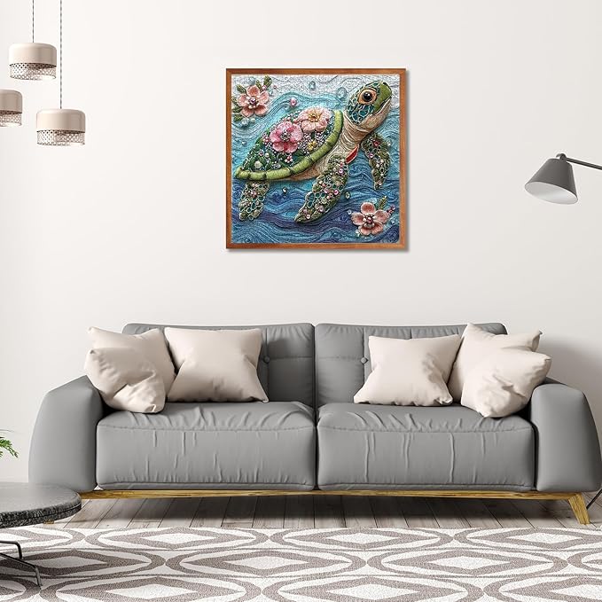 Sea Turtle Puzzles for Adults 1000 Pieces, Beautiful Diamonds Flower Sea Animal Jigsaw Puzzle with Letters on Back, Impossible Hard Difficult Art Puzzles, Fun Challenging Embroidery Family Puzzle Game