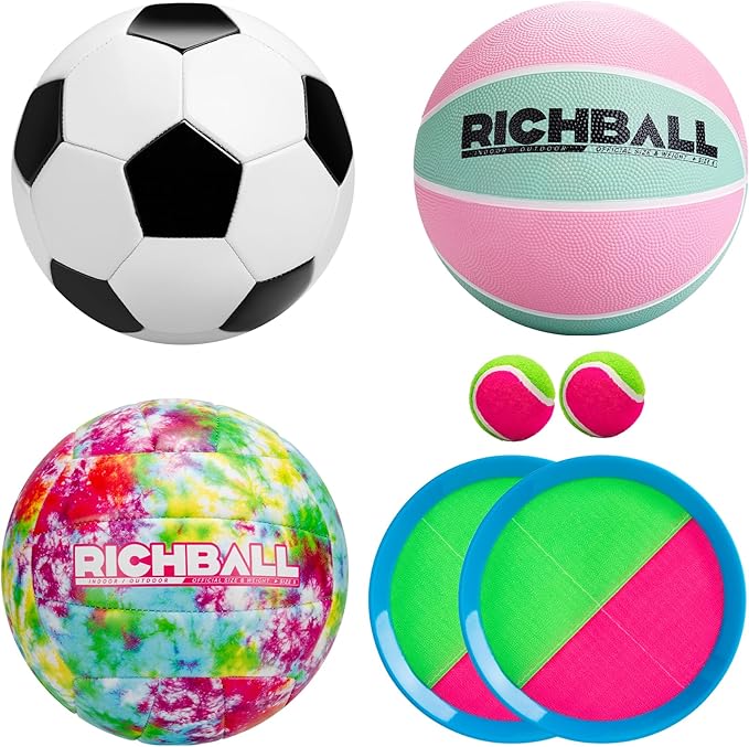 Richball 4-in-1 Outdoor Sports Ball Set for Kids – Soccer, Basketball, Volleyball and Toss & Catch Paddle Ball Game – All-in-One Gift Stocking Stuffers for Kids Boys & Girls Ages 3+