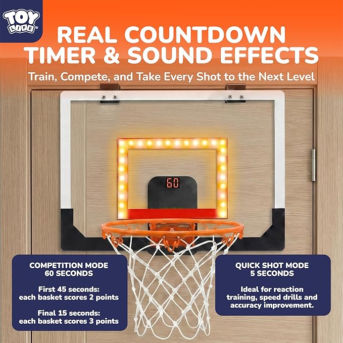 TOY Life Basketball Hoop LED Scoresboard Indoor Basketballhoop Wall Mount Over The Door Backboard for Teens Adults Boys Toys Age 8-10 Games Indoor with 4 Balls
