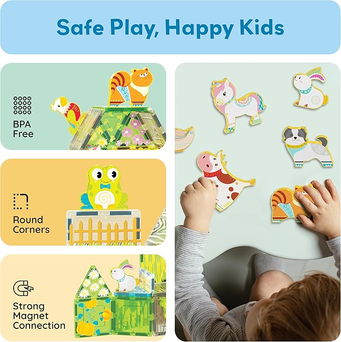 PicassoTiles Magnetic Tiles 8 Character Farm Animal Accessory Add on Set Compatible with Picasso Magnet Tile Playsets Pretend Play Preschool Toy STEM Educational Toys for Learning Kids Ages 3+ PTA27