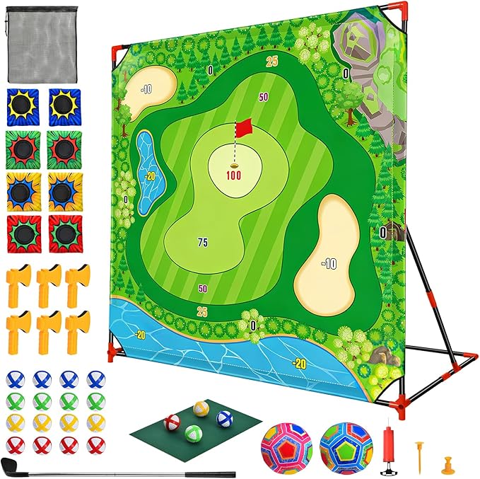 DyBaxa Golf Chipping Game - Golf Battle Game for Kids, 54*54 Golf Target Mat with 16 Sticky Balls, 8 Bean Bag, 6 Axe, 2 Soccer, Perfect for Family Fun, Outdoor Lawn, Poolside, Backyard Party Activity