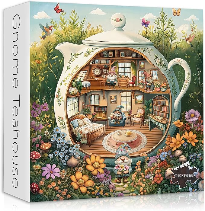 PICKFORU Funny Gnome Puzzles for Adults 1000 Pieces, Flower Garden Nature Plant Butterfly Bird Themed, Tea Cup Flower Art Challenge Jigsaw Puzzle