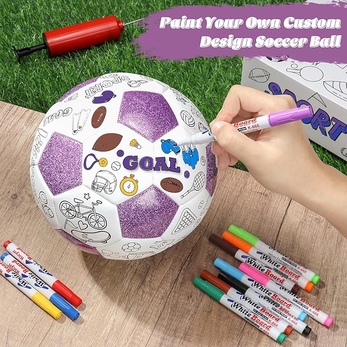 Size 4 Color Your Own Soccer Ball Purple DIY Custom Craft Kit with Pump 12 Markers Personalized Youth Toddler Training Paint Your Own Toy Creative Gift for Kids (Purple Soccer Ball, 4)