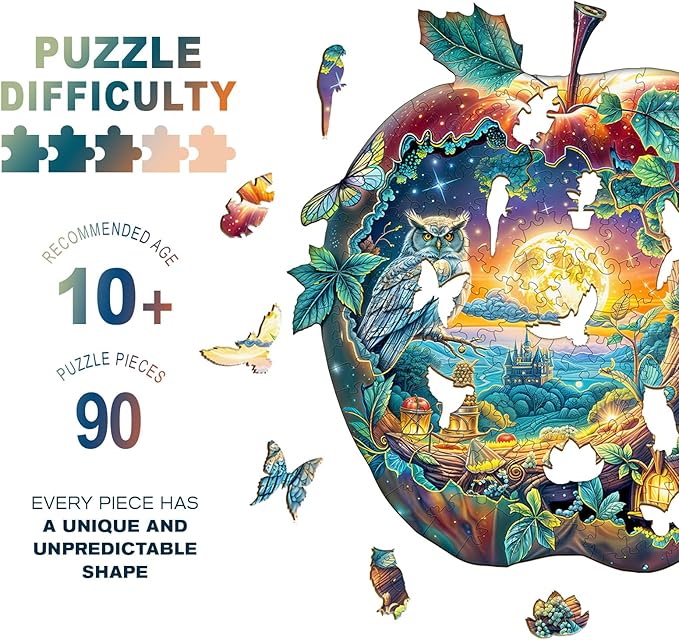 Wooden Puzzles for Adults, Apple Owl Jigsaw Puzzles with Unique Shape, Wood Challenging Jigsaw Puzzles Ideal for Adults, Christmas Birthday Gifts for Women Men Puzzle Game Lovers, 8.5"x8.1" - 90pcs