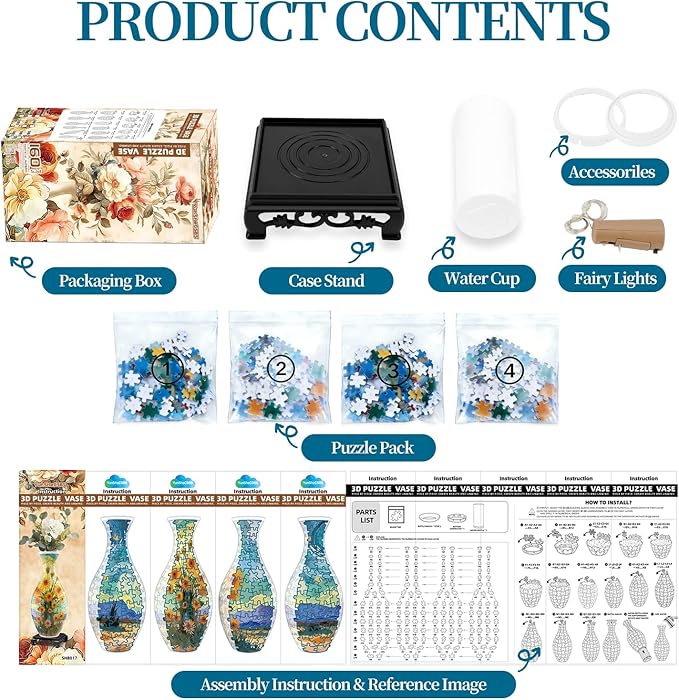 3D Puzzles Vase for Adults, Crafts for Adults, 160 Pieces Plastic DIY Unique Flower Vase with LED Light House Warming Gift Birthday Gifts for Flower Arrangements and Home Decor (Sunflowers)