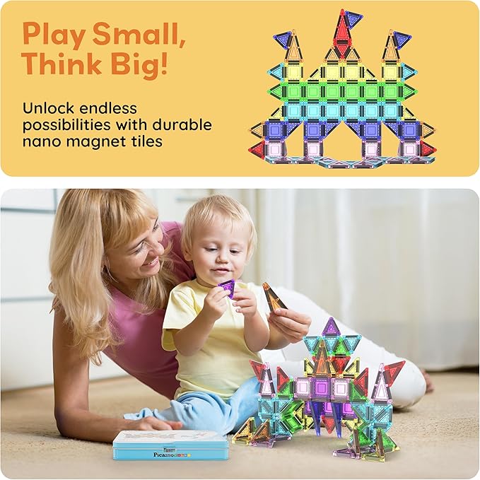 PicassoTiles 50PC Nano Magnetic Tile Travel Toy Construction Building Blocks Playset with Storage Case STEM Montessori Classroom Learning Magnet Tiles Stacking Toys for Toddlers Girls Boys Age 3+ PN02