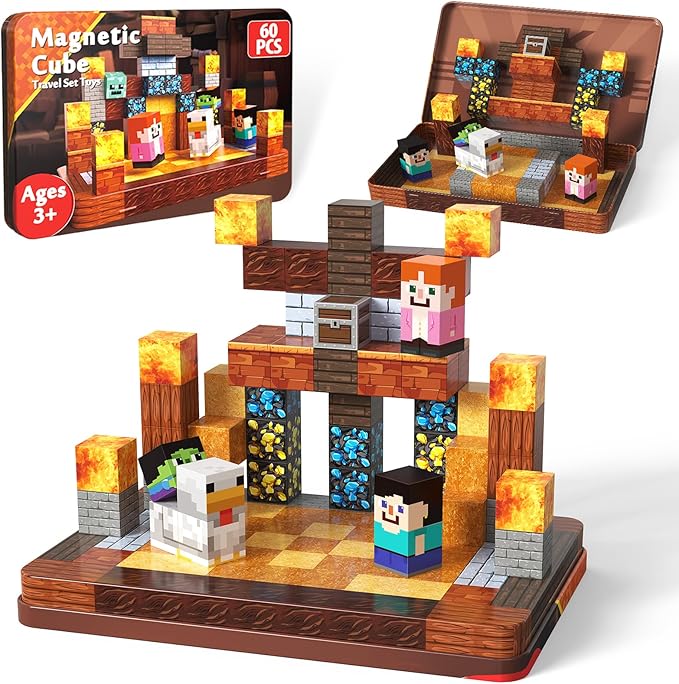 60 PCS Magnetic Blocks with Metal Box, 0.8in Mini Magnetic Building Cubes STEM Toys for Kids Ages 3+, Battle Stage Building Set, Educational Travel Toy for Boys and Girls, Easter Birthday Gifts