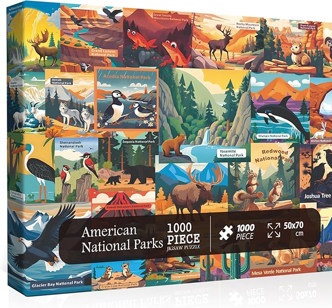 American National Parks Puzzle for Adults 1000 Pieces, PICKFORU Travel Poster Landscape Puzzle Scenery of Zion Yellowstone Yosemite with Animals, Scenic Jigsaw Puzzles for Adults Mountain Scene