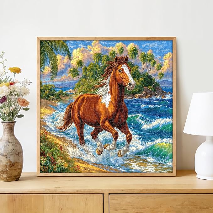 Tropical Beach Running Horse 1000 Piece Puzzle for Adults - Majestic Equine Art, Poster & Lettered Back, 22.8" Square HD, Gift for Horse & Nature Lovers
