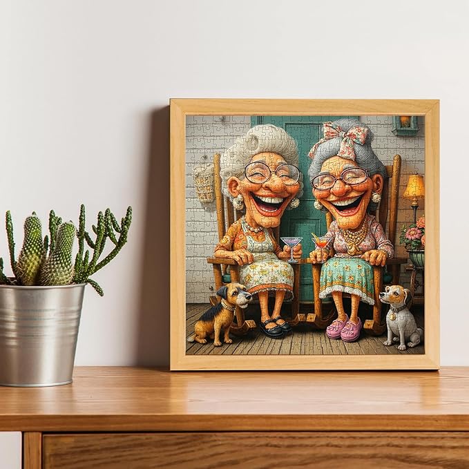 Happy Grandma Paper Puzzles for Adults 500 Pieces - Funny Old Sisters Jigsaw Puzzle Porch Scene, Senior Women Best Friends Puzzle, Home Decor Challenge Commemorative Gift for Old People