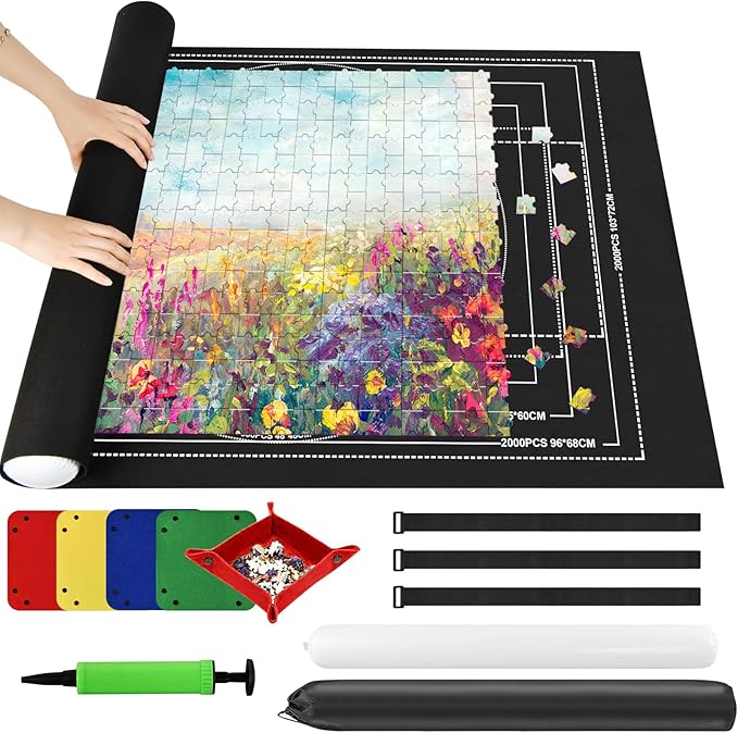 Ainiv Jigsaw Puzzle Mat Roll Up 2000 Pieces, 47” x 31.5” Portable Felt Puzzles Board with 4 Sorting Trays & Travel Storage Bag, Jigsaw Saver Pad Keeper for Adults Teens, Black