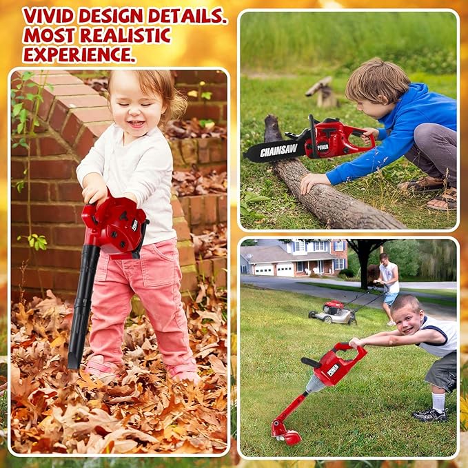 3 Pcs Toy Gardening Tool Set for Kids Toy Leaf Blower Weed Trimmer Chainsaw Pretend Set with Lights and Sounds Christmas Birthday Gift for Boys Girls
