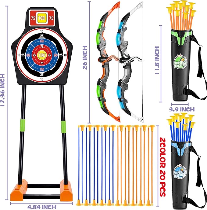 2 Pack Bow and Arrow Set with Moving Standing Target& 2 Colors 20 Suction Cup Arrows, Light Up Archery Toys for Kids age 4-12 Years Old Boys Girls Indoor and Outdoor, Birthday Gifts Christmas ideas