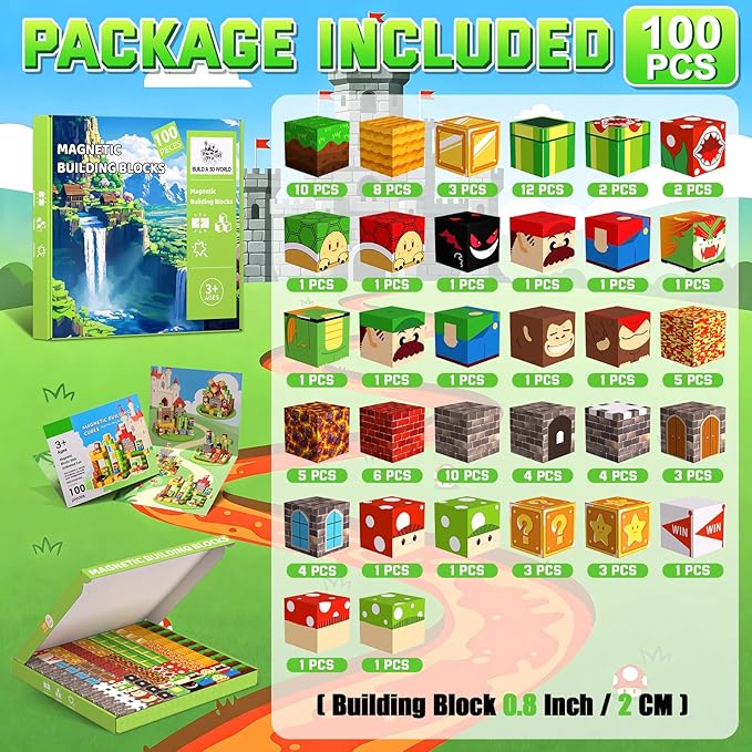 Magnetic Blocks, 100PCS Magnetic Building Blocks, Stacking Magnetic for Kids, Sensory Toy for STEM Constructions Magnetic Blocks for Boys Girls Age 3+, Holiday Birthday Gifts