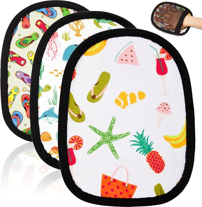 Skyley 3 Pcs Sand Off Beach Mitt Wipe Sand Remover with Portable Drawstring Bag for Ocean Volleyball Sport Activities Occasion, 3 Colors(Summer Beach)