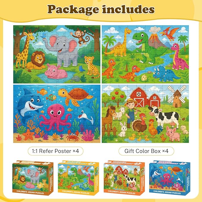 4-Pack 100 Piece Puzzles for Kids Ages 4-6 6-8 8-10, Farms Dinosaurs Seaworld Wildlife Kids Puzzles Ages 3-5 4-6 5-8 8-10, Learning Educational Kid Jigsaw Puzzles Gifts for Girls and Boys (15x10 in)