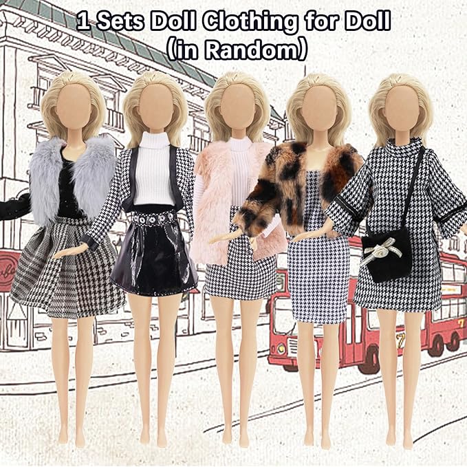 20 Pcs Doll Clothes for 11.5 inch Doll Include 1 Houndstooth Set 2 Winter Sets 1 Faashion Dress 1 Long-Sleeved Outfit and 16 Dolls Accessories in Random Christmas Birthday Gift for Girls