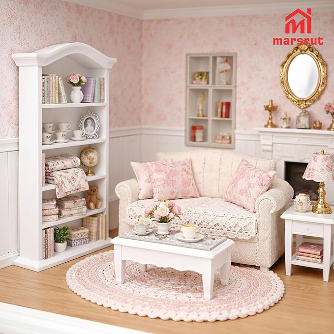 Dollhouse Bookcase 1:12 Scale Miniature Mini Bookshelf Doll House Book Shelves for Small Items Accessories Furniture Wooden 4 Floors Display Cabinet Decoration Home Bedroom, White