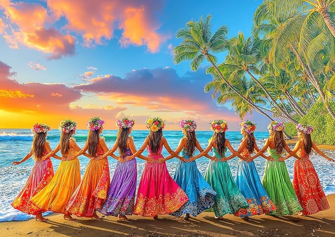 Hawaiian Hula Dancers Sunset 1000 Piece Jigsaw Puzzle for Adults - Tropical Beach Scene with Poster & Lettered Back, 28"x20" Panoramic HD Quality, Unique Gift for Travel & Nature Lovers