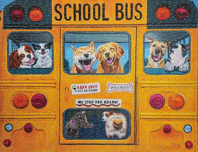 Springbok Happy Bus 500 Piece Jigsaw Puzzle for Adults and Kids - Dog Lovers Will Enjoy This Illustration by Artist Carol Luz of Lots of Happy Dogs on The schoolbus.