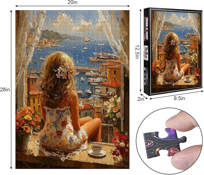 Mediterranean Coastal View Jigsaw Puzzle for Adults 1000 Pieces - Dreamy Vacation Scene with Woman & Terracotta Town, 28”x20” Panoramic, Lettered Back, Premium Home Decor & Travel Gift
