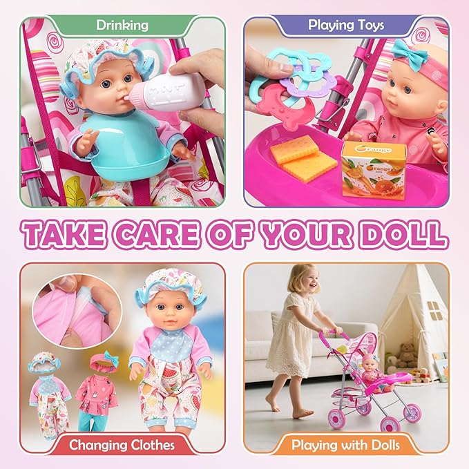 Baby Doll Stroller Set with 12.5" Doll, Baby Dining Table, Backpack with Carrier, 21 PCS Baby Doll Accessories Stroller Toys, 2 Sets Doll Clothes, Feeding Set Girls Toddlers Gifts for Pretend Play